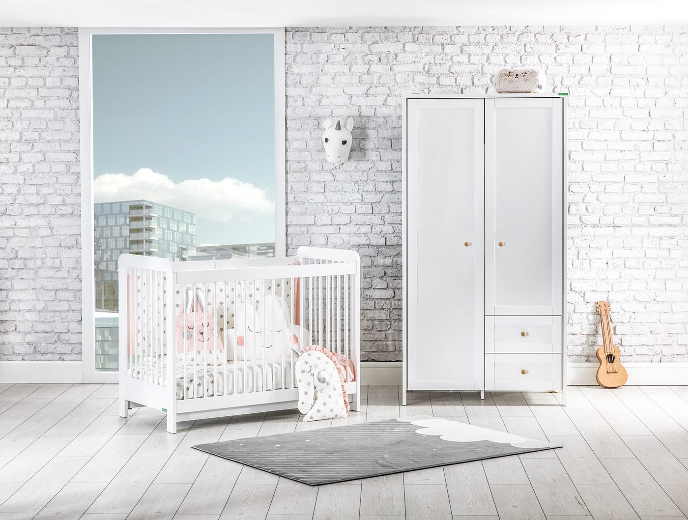 Oslo baby room: white wardrobe, convertible crib and chest of drawers