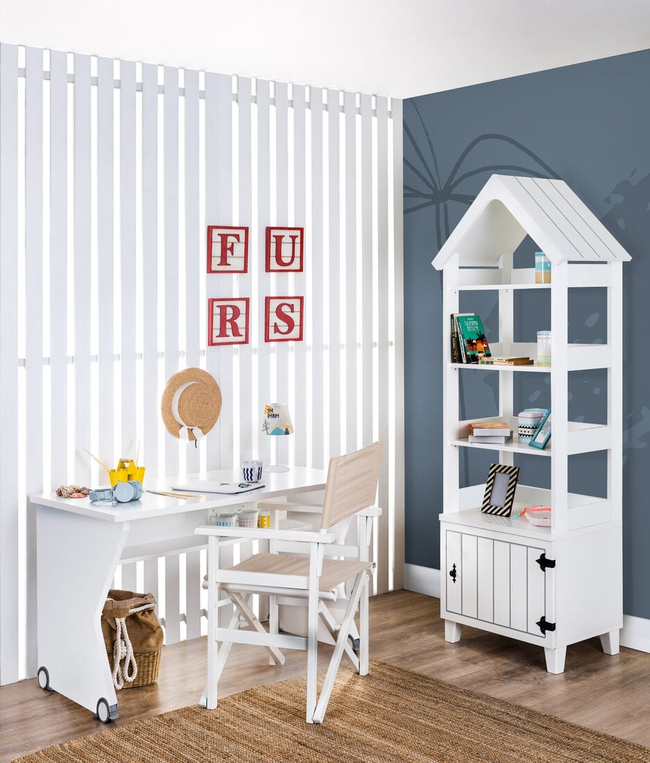 Miami desk on wheels and the bookcase