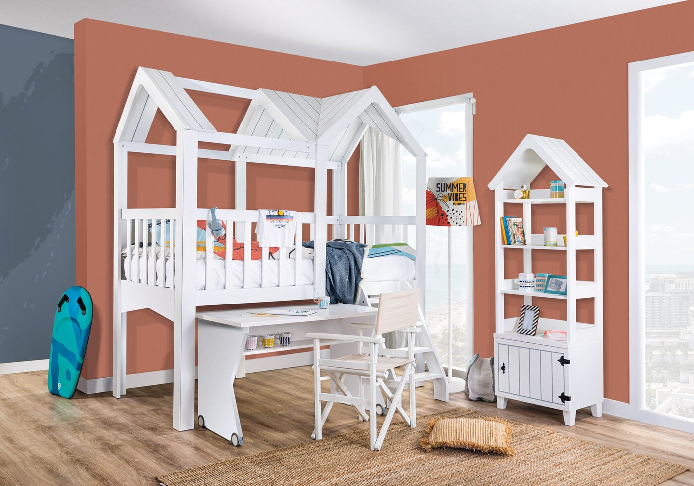 Miami loft bed with the desk on wheels and bookcase underneath