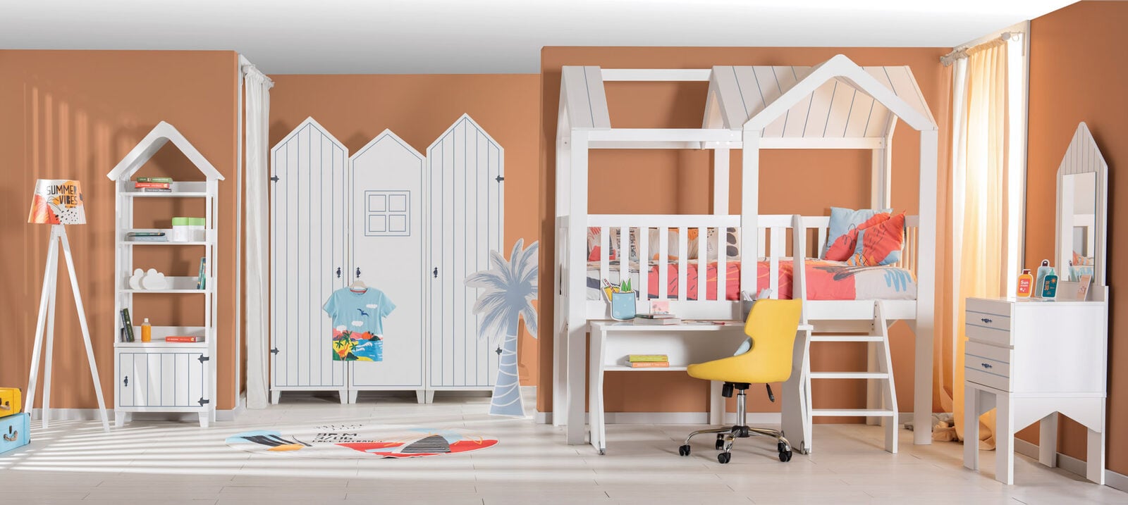 Miami kids room: beach-cabin style wardrobes, roofed loft bed, desk on wheels and bookcase