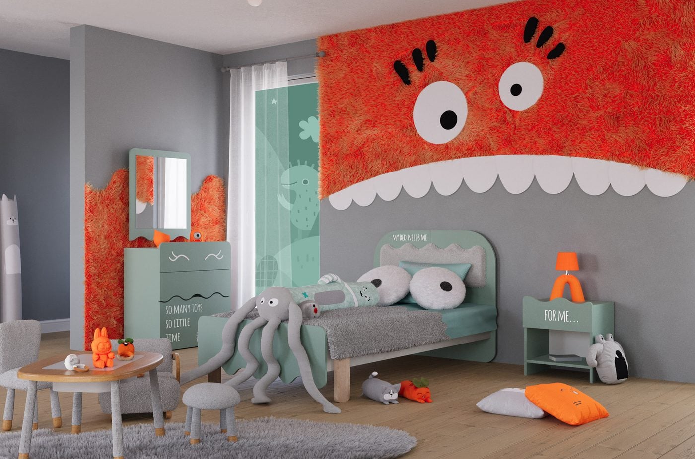 Look kids room: bed, grinning chest of drawers, octopus plush and orange-grey details