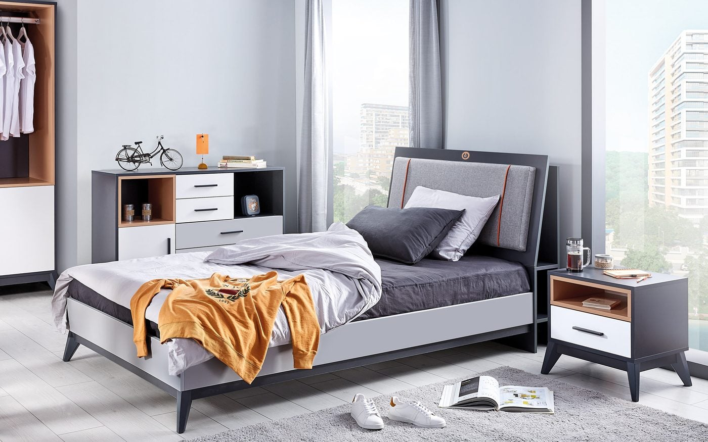 Breda teen room: anthracite bed, nightstand and chest of drawers