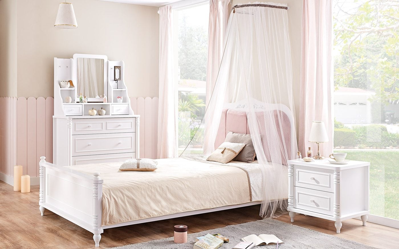 Nil teen room: white bed, vanity and nightstand