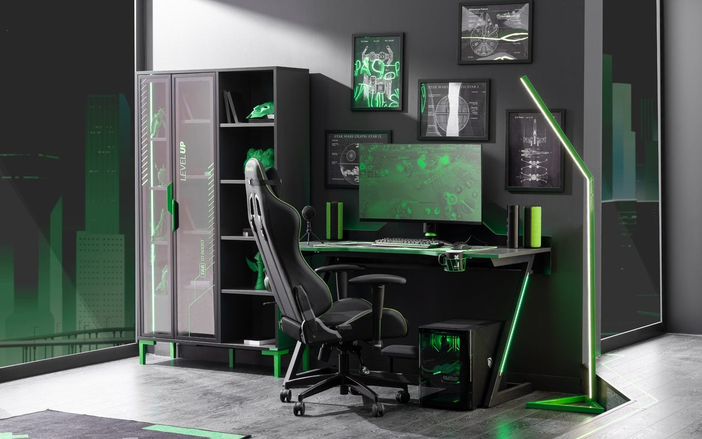 Targon gaming room: gaming desk, gamer chair and RGB-lit bookcase