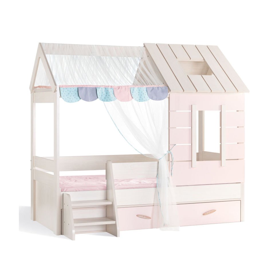 Pink House Bett mit Dach Truhe
