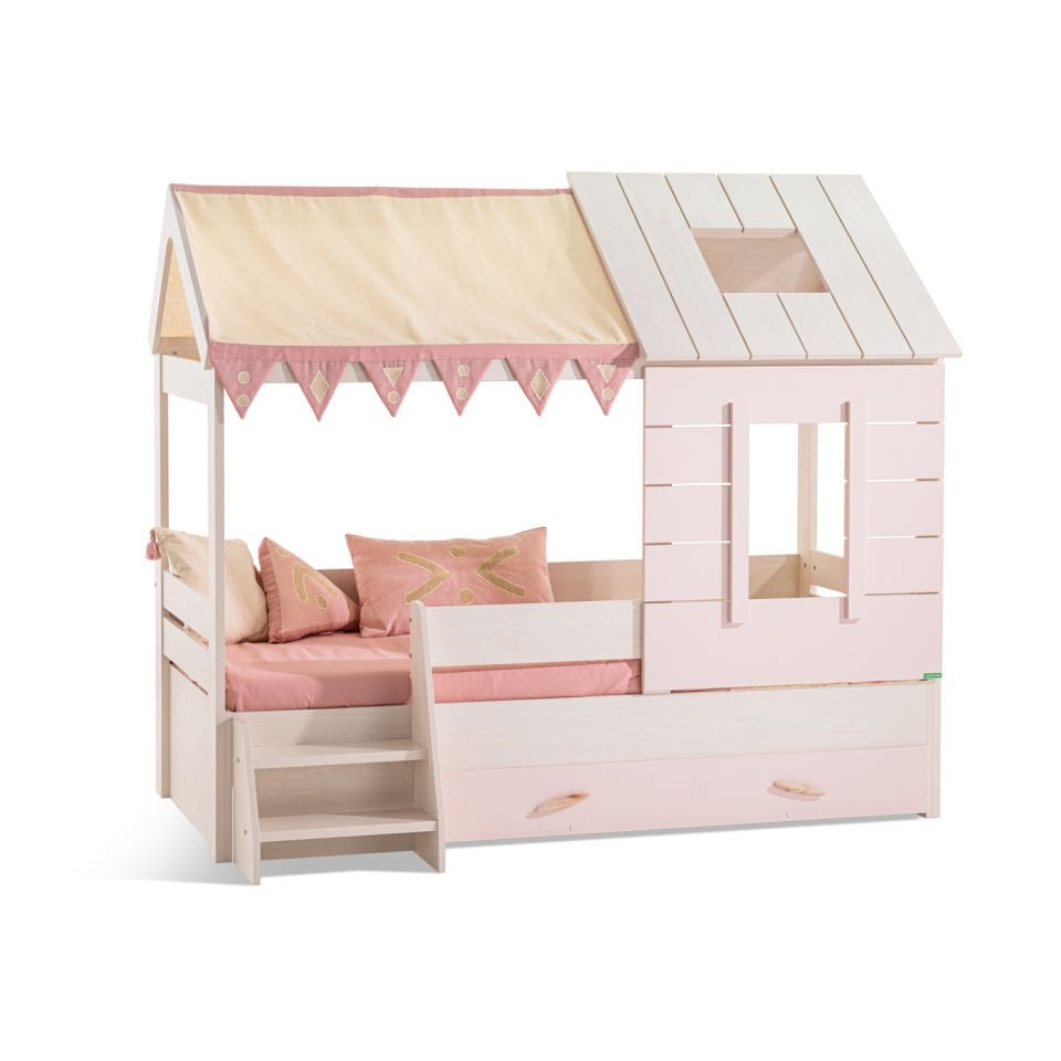 Pink House Bed with Roof Boho 90x200cm