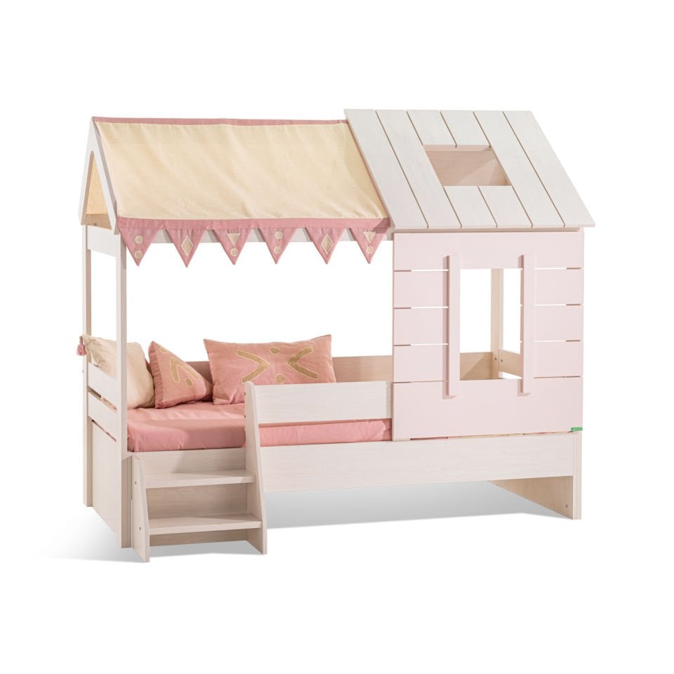 Pink House Bed with Roof Boho 90x200cm