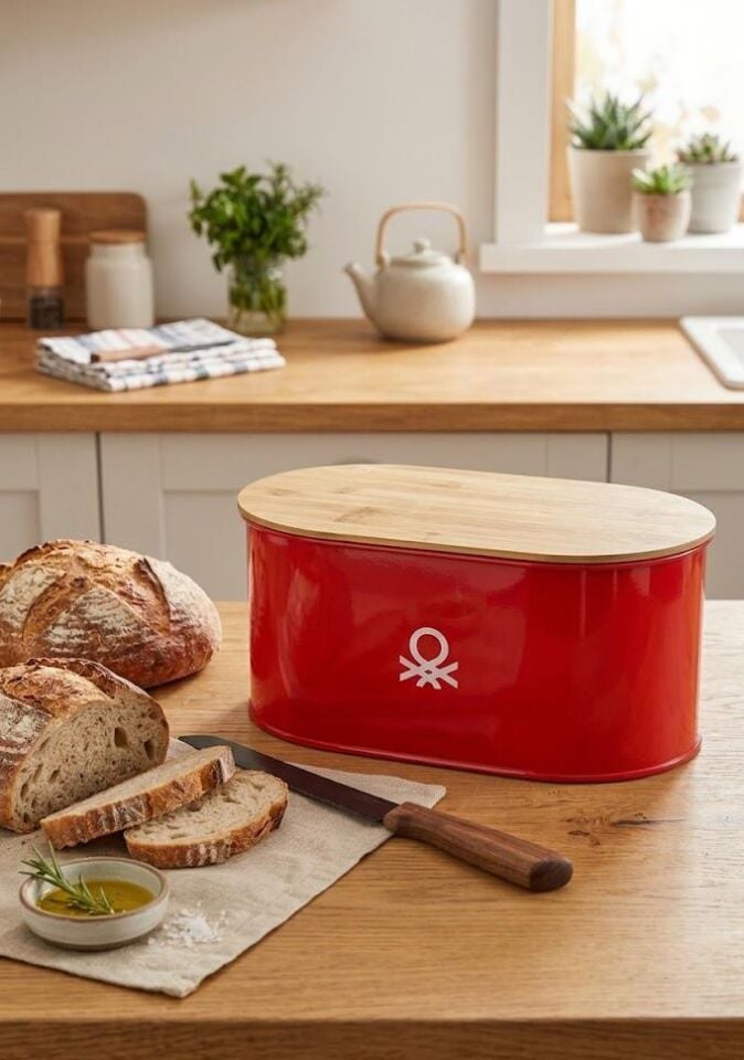 Metal Bread Box with Wooden Lid, Red