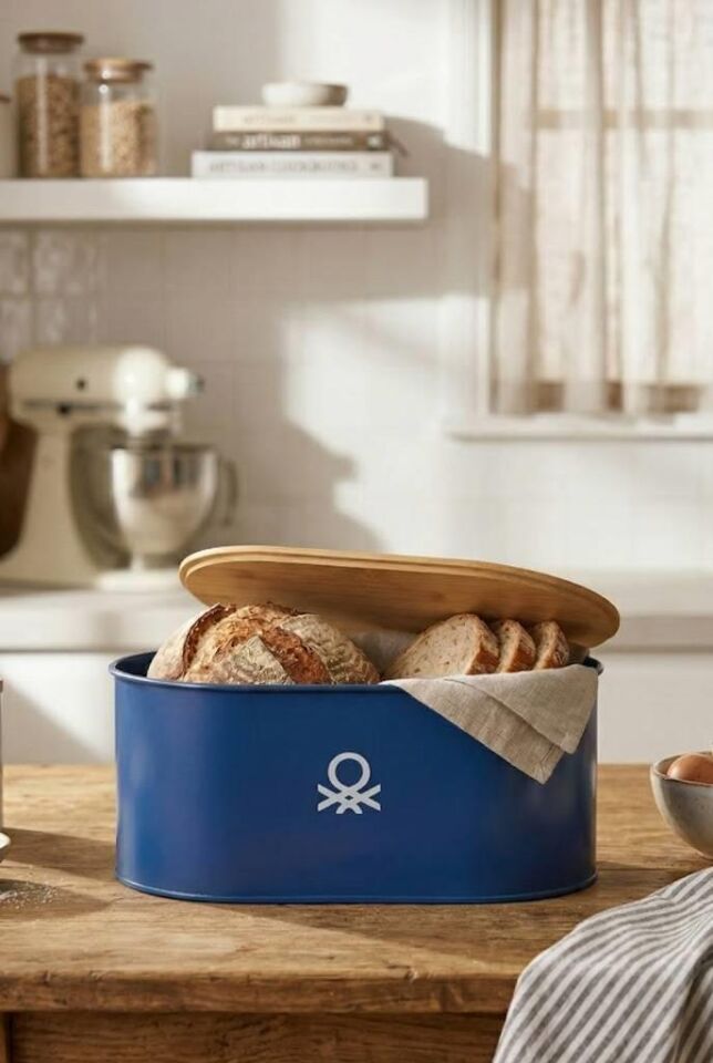 Metal Bread Box with Wooden Lid, Blue