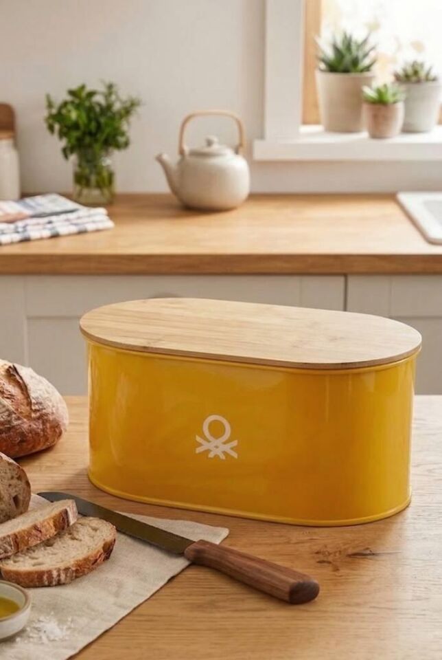 Metal Bread Box with Wooden Lid, Yellow