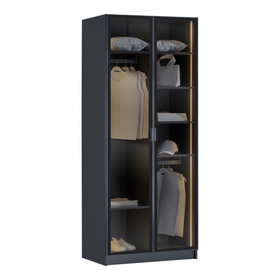 York Anthracite 2K Partitioned Wardrobe with Lighting - Glass Doors